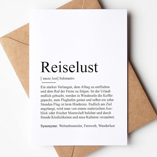 KAMEWI® Grußkarte REISELUST Definition | Klappkarte mit Briefumschlag aus Kraftpapier | Weltenbummler Hochzeitsreise Fernweh Reisekasse Urlaubsreif von KAMEWI