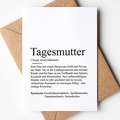 KAMEWI® Grußkarte TAGESMUTTER Definition | Klappkarte mit Briefumschlag aus Kraftpapier | Bedanken Kind Geschenk Betreuer Hort Kindergarten Betreuung Eltern Erzieherin Grundschule Vorbild von KAMEWI