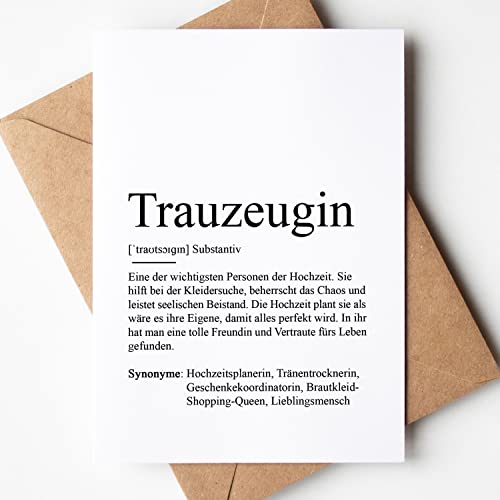 KAMEWI® Grußkarte TRAUZEUGIN Definition | Klappkarte mit Briefumschlag aus Kraftpapier | Beste Freundin Bedanken Geschenk Hochzeit Antrag Lieblingsmensch Herzensmensch Seelenverwandte von KAMEWI