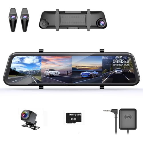 Dashcam mit 4 Kanälen, 30,5 cm (12 Zoll) Display, mit WiFi, GPS, Auto-DVR, 360-Grad-Schutz, HD 1080P, Super-Nachtsicht, 24-Stunden-Parküberwachung, Loop-Aufnahme, G-Sensor, 64 GB Karte im Lieferumfang von KANDUO