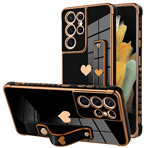 KANGHAR Entworfen für Samsung Galaxy S21 Ultra Hülle mit Riemen, Luxus Liebe Herz Plating Gold Bumper Handyhülle Armband Kickstand Ganzkörper-Schutzhülle Slim Case für Frauen – Schwarz von KANGHAR