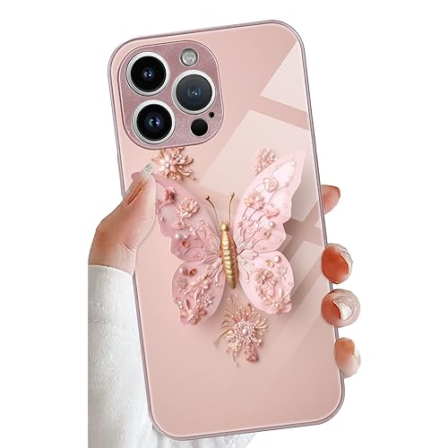 KANGHAR Flache 3D Schmetterling Muster Glasabdeckung Kompatibel mit iPhone 15 Pro Max Hülle Voller Kameraschutz Stoßfest Anti-Kratzer Glas Handyhülle für Frauen Mädchen - Rosa von KANGHAR