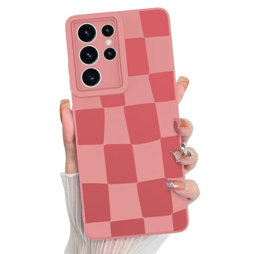 KANGHAR Kompatibel mit Samsung Galaxy S21 Ultra Hülle, Silikon Kariert Niedliches Muster, Kameraschutz Weiche Schlanke Handyhülle für Mädchen Frauen - Rosa von KANGHAR