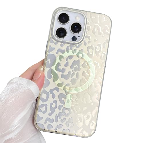KANGHAR Magnetisch für iPhone 14 Pro Max Hülle, Glitzer Laser Leopard Gepard Aesthetic Irisierendes Design [Kompatibel mit Magsafe] Weiche Kante Harte Rückseite Stoßfeste Schutzhülle, Silber von KANGHAR