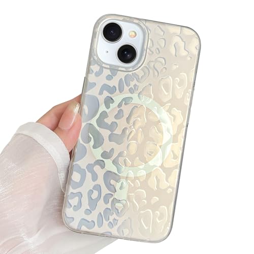 KANGHAR Magnetisch für iPhone 15, Glitzer, Laser-Leopard, Gepard, ästhetisches schillerndes Design [Kompatibel mit Magsafe] Weicher Rand, harte Rückseite, stoßfeste Schutzhülle, Silber von KANGHAR