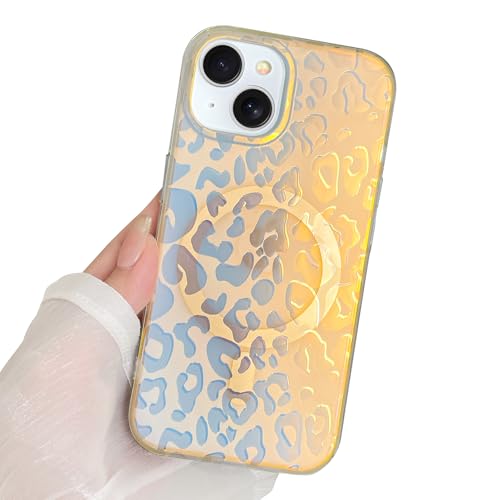 KANGHAR Magnetisch für iPhone 15 Hülle, Glitzer Laser Leopard Gepard Ästhetisch Schillerndes Design [Kompatibel mit Magsafe] Weiche Kante Harte Rückseite Stoßfeste Schutzhülle, Gold von KANGHAR