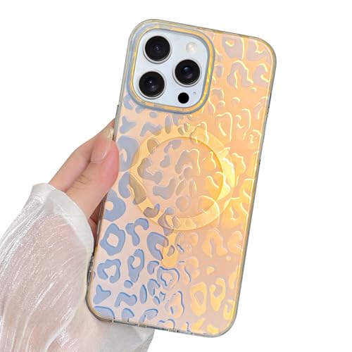 KANGHAR Magnetisch für iPhone 15 Pro Max Hülle, Glitzer Laser Leopard Gepard Aesthetic Irisierendes Design [Kompatibel mit Magsafe] Weiche Kante Harte Rückseite Stoßfeste Schutzhülle, Gold von KANGHAR