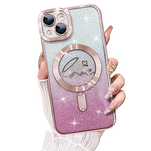 KANGHAR Magnetische Glitzer Hülle für iPhone 13 Hülle 6,1 Zoll, Klare Beschichtung Liebe Herz Muster Design [Kompatibel mit Magsafe Charging] Kameraschutz Soft Cover für Frauen Mädchen (Rosa) von KANGHAR