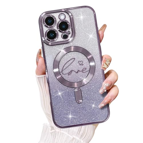KANGHAR Magnetische Glitzer Hülle für iPhone 16 Pro Max, Klar Farbverlauf Liebe Herz Muster [Kompatibel mit Magsafe Charging] Kameraschutz Weiche Sparkle Cover für Frauen Mädchen (Lila) von KANGHAR