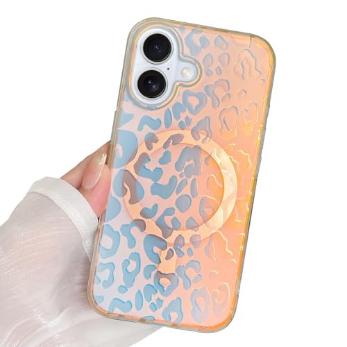 KANGHAR Magnetische für iPhone 16 Hülle, Glitzer Laser Leopard Gepard Ästhetisch Schillerndes Design [Kompatibel mit Magsafe] Weiche Kante Harte Rückseite Stoßfeste Schutzhülle, Gold von KANGHAR