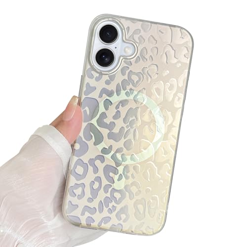 KANGHAR Magnetische für iPhone 16 Hülle, Glitzer Laser Leopard Gepard Ästhetisch Schillerndes Design [Kompatibel mit Magsafe] Weiche Kante Harte Rückseite Stoßfeste Schutzhülle, Silber von KANGHAR