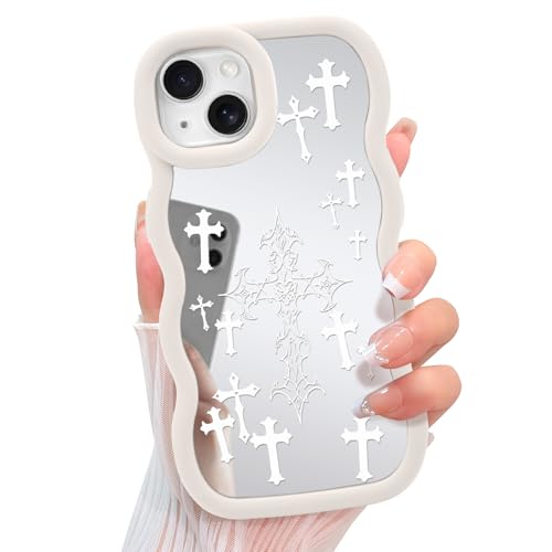 KANGHAR Mirror Cross Handyhülle für iPhone 15, niedliches ästhetisches christliches Jesus-Design für Frauen und Mädchen, lockiger Wellenrahmen, weiches TPU, stoßfest, glänzend, Weiß KANGHAR Mirror Cross Handyhülle für iPhone 15, niedliches ästhetisches christliches Jesus-Design für Frauen und Mädchen, lockiger Wellenrahmen, weiches TPU, stoßfest, glänzend, Weiß von KANGHAR