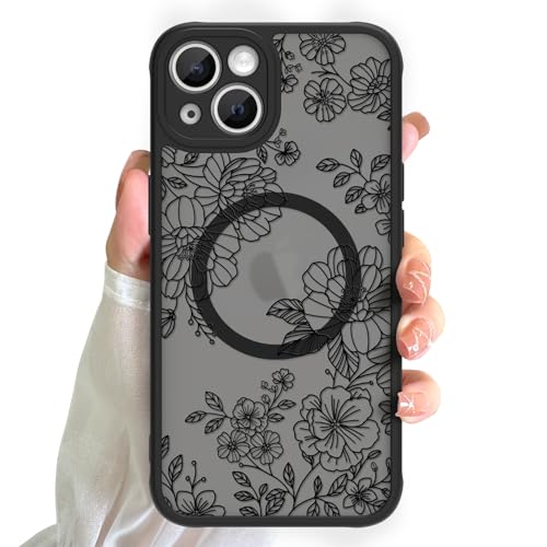 KANGHAR Schutzhülle für iPhone 13, süßes schwarzes Blumenmuster, kompatibel mit MagSafe-Hülle, durchscheinende, mattierte Rückseite aus Polycarbonat, schlanke, magnetische Handyhülle, kratzfest von KANGHAR