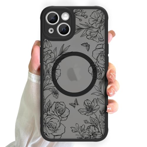 KANGHAR Schutzhülle für iPhone 13, süßes schwarzes Blumenmuster, kompatibel mit MagSafe-Hülle, durchscheinende, mattierte Rückseite aus Polycarbonat, schlanke, magnetische Handyhülle, kratzfest von KANGHAR