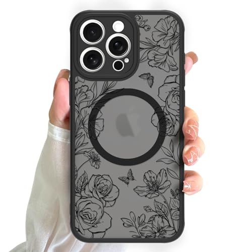 KANGHAR Schutzhülle für iPhone 13 Pro Max, süßes schwarzes Blumenmuster, kompatibel mit MagSafe-Hülle, durchscheinende, mattierte Rückseite aus Polycarbonat, schlanke, magnetische Handyhülle, von KANGHAR