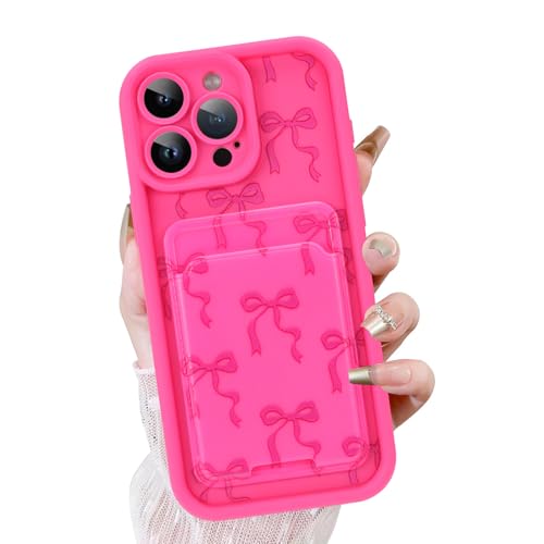KANGHAR Schutzhülle für iPhone 13 Pro Max mit Kartenschlitz, niedliches Schleifen-Design mit Kartenhalter für Damen und Mädchen, schlanke, stoßfeste Brieftaschen-Abdeckung, Hot Pink von KANGHAR