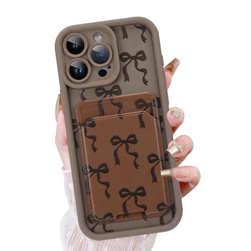 KANGHAR Schutzhülle für iPhone 13 Pro mit Kartenschlitz, niedliches Schleifen-Design mit Kartenhalter für Frauen und Mädchen, schlank, stoßfest, Brieftaschenabdeckung, Braun von KANGHAR