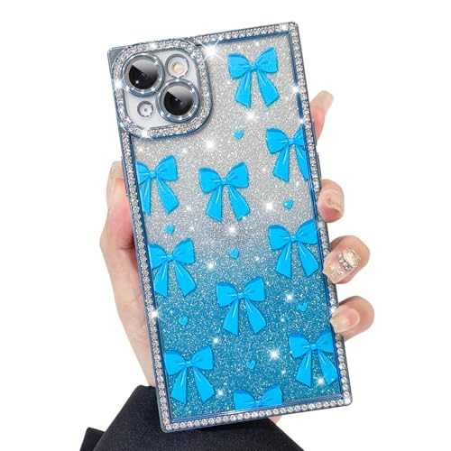 KANGHAR Schutzhülle für iPhone 15 Plus/14 Plus, Glitzer-Schleifen, Herzmuster, kratzfest, stoßfest, stoßfest, stoßfest, glitzernd, rechteckig, Blau KANGHAR Schutzhülle für iPhone 15 Plus/14 Plus, Glitzer-Schleifen, Herzmuster, kratzfest, stoßfest, stoßfest, stoßfest, glitzernd, rechteckig, Blau von KANGHAR