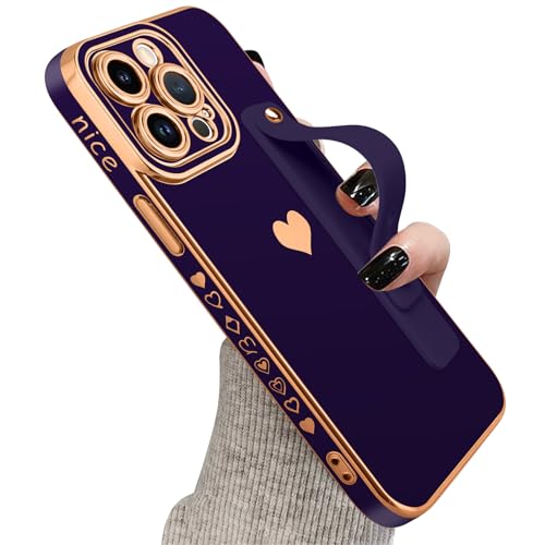 KANGHAR Schutzhülle für iPhone 15 Pro Max mit Riemen, luxuriöses Liebesherz, vergoldet, Bumper, Handyabdeckung, Armband, Ständer, Ganzkörper-Schutzhülle, schlanke Hülle für Damen, lila von KANGHAR