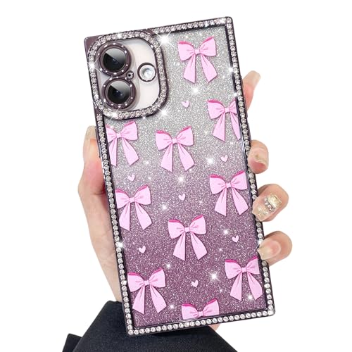 KANGHAR Schutzhülle für iPhone 16, Glitzer-Schleifen, Herzen, Muster, kratzfest, stoßfest, stoßfest, mit glitzernden Diamanten, rechteckig, Violett KANGHAR Schutzhülle für iPhone 16, Glitzer-Schleifen, Herzen, Muster, kratzfest, stoßfest, stoßfest, mit glitzernden Diamanten, rechteckig, Violett von KANGHAR