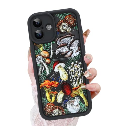 KANGHAR Schutzhülle für iPhone 16, mit Kartenschlitz, niedliches Pilz-Design mit Kartenhalter, für Damen und Mädchen, schlank, stoßfest, Brieftaschenabdeckung, Schwarz von KANGHAR