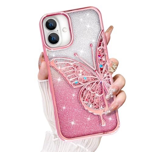 KANGHAR Schutzhülle für iPhone 16, transparent, Glitzer, Treibsand, 3D-Schmetterling, Bling, für Damen und Mädchen, niedlicher Farbverlauf, glitzernde Beschichtung, weiche Schutzhülle für iPhone 16 von KANGHAR