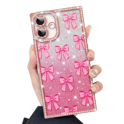 KANGHAR Schutzhülle für iPhone 16 Plus, Glitzer-Schleifen, Herzmuster, kratzfest, stoßfest, stoßfest, glitzernd, rechteckig, Rosa von KANGHAR