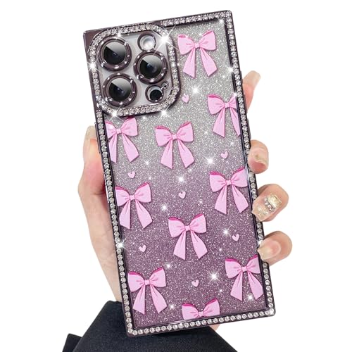 KANGHAR Schutzhülle für iPhone 16 Pro, glitzernde Schleifen, Herzen, Muster, kratzfest, stoßfest, Stoßschutz, rechteckig, Violett von KANGHAR
