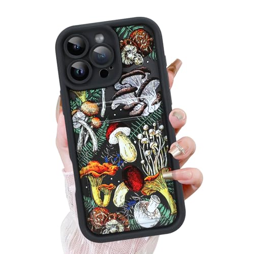 KANGHAR Schutzhülle für iPhone 16 Pro mit Kartenschlitz, süßes Pilz-Design mit Kartenhalter für Frauen und Mädchen, schlank, stoßfest, Brieftaschen-Abdeckung, Schwarz von KANGHAR