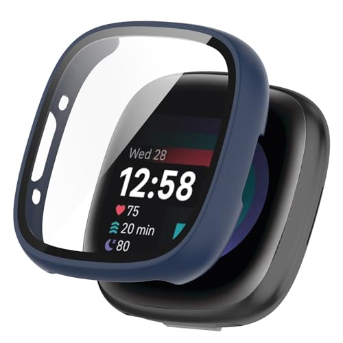 KANOYO Hülle Kompatibel mit Fitbit Sense 2 / Fitbit Versa 4 Schutzhülle,Integriertes PC + Glasmaterial,Ultradünne HD Hartglas Glas,Kratzfest,Vollständiger Schutz Case (Blau) von KANOYO