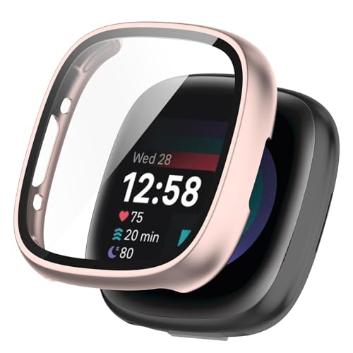 KANOYO Hülle Kompatibel mit Fitbit Sense 2 / Fitbit Versa 4 Schutzhülle,Integriertes PC + Glasmaterial,Ultradünne HD Hartglas Glas,Kratzfest,Vollständiger Schutz Case (Rosa) von KANOYO