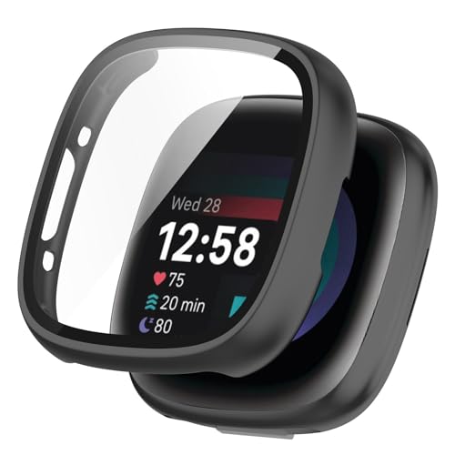 KANOYO Hülle Kompatibel mit Fitbit Sense 2 / Fitbit Versa 4 Schutzhülle,Integriertes PC + Glasmaterial,Ultradünne HD Hartglas Glas,Kratzfest,Vollständiger Schutz Case (Schwarz) von KANOYO