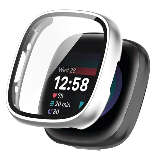 KANOYO Hülle Kompatibel mit Fitbit Sense 2 / Fitbit Versa 4 Schutzhülle,Integriertes PC + Glasmaterial,Ultradünne HD Hartglas Glas,Kratzfest,Vollständiger Schutz Case (Silber) von KANOYO