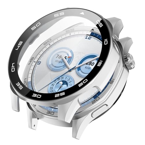 KANOYO Hülle Kompatibel mit Huawei GT5 46mm Schutzhülle,Integriertes PC + Glasmaterial,Ultradünne HD Hartglas Glas,Kratzfest,Vollständiger Schutz Case für GT5 (Silber) von KANOYO