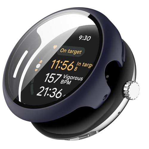 KANOYO Hülle mit Schutzfolie für Google Pixel Watch 3 (2024) 45mm,Integriertes PC + Glasmaterial,Ultradünne HD Hartglas Glas,Kratzfest,Vollständiger Schutz Case (Blau) von KANOYO