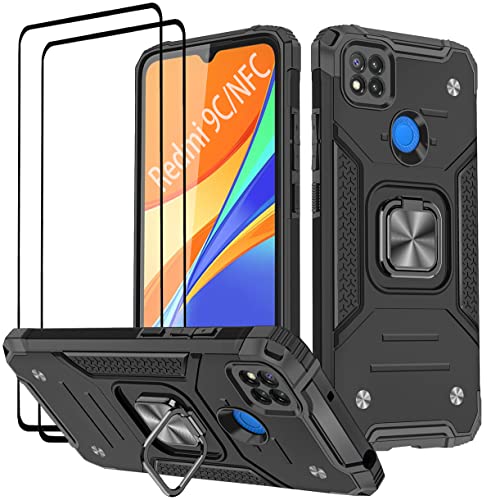 KANSI Hülle kompatibel für Xiaomi Redmi 9C NFC/Redmi 9C, Schutzfolie [2 Stück] Silikon TPU Hart PC Handy Hüllen 360° Drehbar Ringhalter Stoßdämpfung Bumper für Redmi 9C NFC/Redmi 9C, Schwarz von KANSi