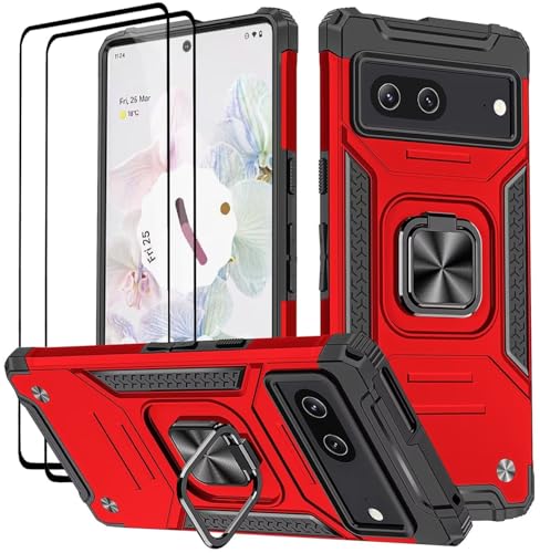 KANSi Hülle für Google Pixel 7, Schutzfolie [2 Stück] Silikon TPU Hart PC Handy Hüllen 360 Grad Drehbar Ringhalter Bumper Stoßdämpfung Schutzhülle - Rote von KANSi
