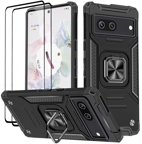 KANSi Hülle für Google Pixel 7, Schutzfolie [2 Stück] Silikon TPU Hart PC Handy Hüllen 360 Grad Drehbar Ringhalter Bumper Stoßdämpfung Schutzhülle - Schwarz von KANSi