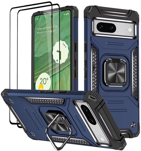 KANSi Hülle für Google Pixel 7A, Schutzfolie [2 Stück] Silikon TPU Hart PC Handy Hüllen 360 Grad Drehbar Ringhalter Bumper Stoßdämpfung Schutzhülle - Blau von KANSi
