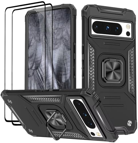 KANSi Hülle für Google Pixel 8 Pro, Schutzfolie [2 Stück] Silikon TPU Hart PC Handy Hüllen 360 Grad Drehbar Ringhalter Bumper Stoßdämpfung Schutzhülle - Schwarz von KANSi