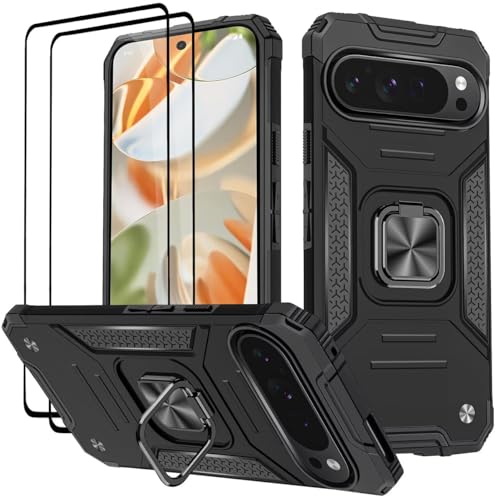 KANSi Hülle für Google Pixel 9 / Pixel 9 Pro, Schutzfolie [2 Stück] Silikon TPU Hart PC Handy Hüllen 360 Grad Drehbar Ringhalter Bumper Stoßdämpfung Schutzhülle - Schwarz von KANSi