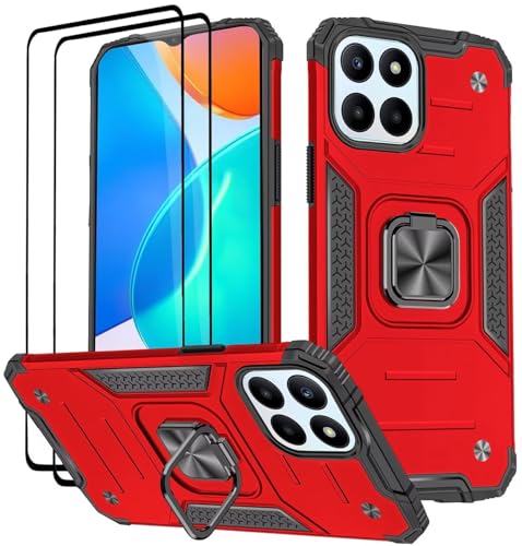 KANSi Hülle für Honor 70 Lite/Honor X6 / Honor X8 5G, Schutzfolie [2 Stück] Silikon TPU Hart PC Handy Hüllen 360 Grad Drehbar Ringhalter Bumper Stoßdämpfung Schutzhülle - Rote von KANSi