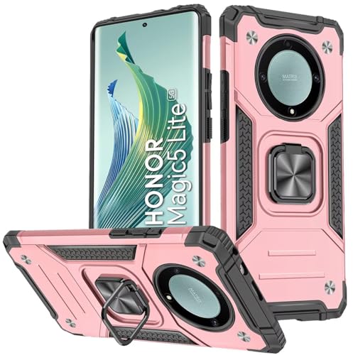 KANSi Hülle für Honor Magic 5 Lite 5G, Silikon TPU Hart PC HandyHüllen 360 Grad Drehbar Ringhalter Bumper Stoßdämpfung Schutzhülle - Rosé Gold von KANSi
