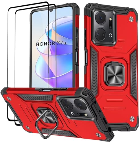KANSi Hülle für Honor X7a, Schutzfolie [2 Stück] Silikon TPU Hart PC Handy Hüllen 360 Grad Drehbar Ringhalter Bumper Stoßdämpfung Schutzhülle - Rote von KANSi