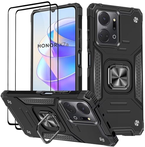 KANSi Hülle für Honor X7a, Schutzfolie [2 Stück] Silikon TPU Hart PC Handy Hüllen 360 Grad Drehbar Ringhalter Bumper Stoßdämpfung Schutzhülle - Schwarz von KANSi