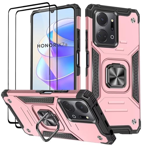 KANSi Hülle für Honor X7a, Schutzfolie [2 Stück] Silikon TPU Hart PC HandyHüllen 360 Grad Drehbar Ringhalter Bumper Stoßdämpfung Schutzhülle - Rosé Gold von KANSi