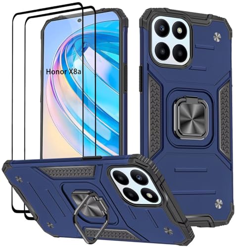 KANSi Hülle für Honor X8a, Schutzfolie [2 Stück] Silikon TPU Hart PC Handy Hüllen 360 Grad Drehbar Ringhalter Bumper Stoßdämpfung Schutzhülle - Blau von KANSi