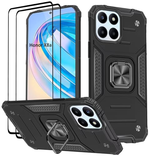 KANSi Hülle für Honor X8a, Schutzfolie [2 Stück] Silikon TPU Hart PC Handy Hüllen 360 Grad Drehbar Ringhalter Bumper Stoßdämpfung Schutzhülle - Schwarz von KANSi