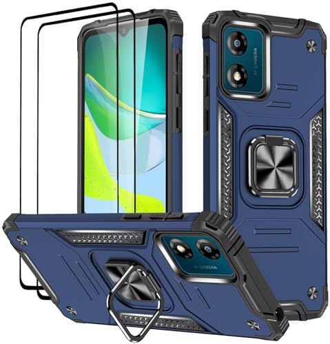 KANSi Hülle für Motorola Moto E13, Schutzfolie [2 Stück] Silikon TPU Hart PC Handy Hüllen 360 Grad Drehbar Ringhalter Bumper Stoßdämpfung Schutzhülle - Blau von KANSi