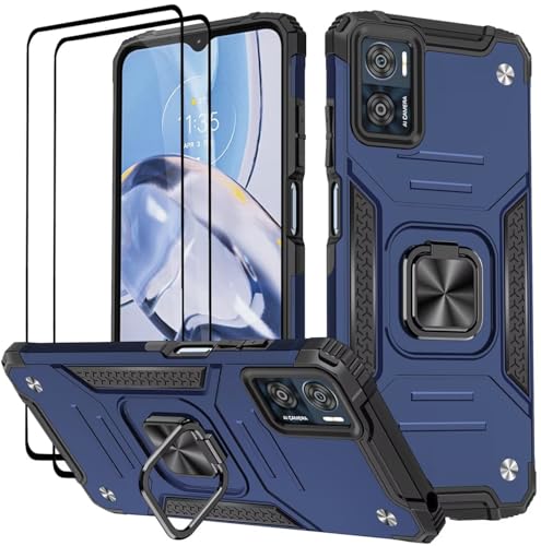 KANSi Hülle für Motorola Moto E22 / E22i, Schutzfolie [2 Stück] Silikon TPU Hart PC Handy Hüllen 360 Grad Drehbar Ringhalter Bumper Stoßdämpfung Schutzhülle - Blau von KANSi